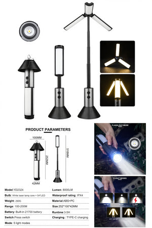 30W High Power LED Lantern Retractable Tripod, Flashlight Work Lamp Rechargeable Camping Light