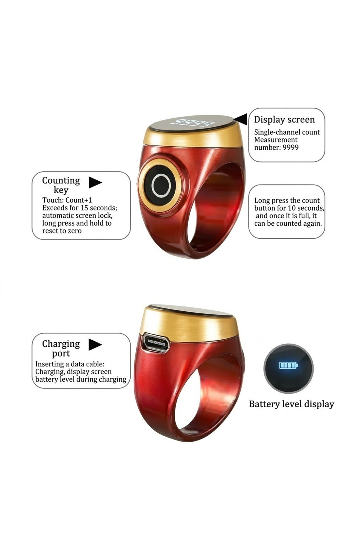 HD OLED Worship Counter Smart Digital Finger Ring Tasbeeh USB Type-C Islamic Prayer Zikr Counter
