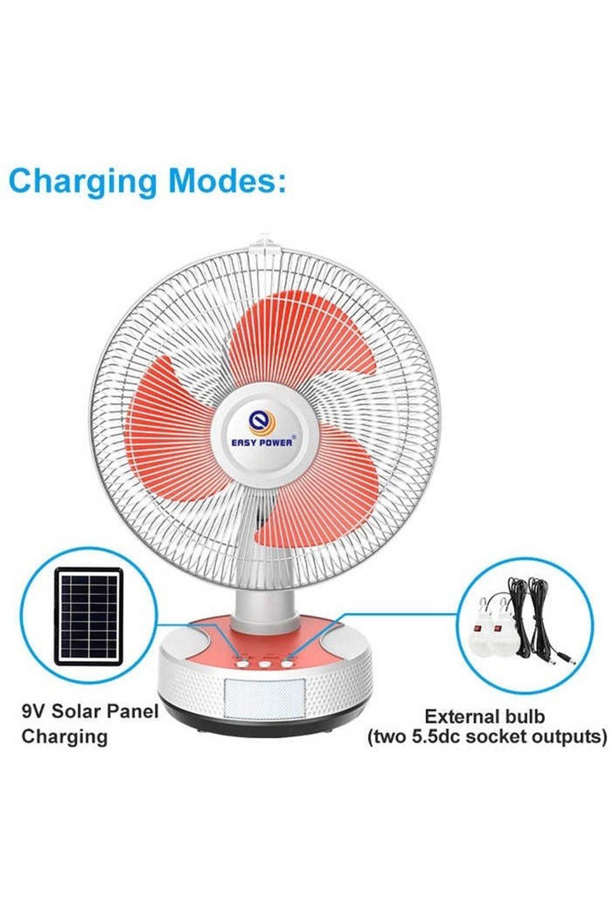EASY POWER 12-Inch AC/DC Solar Fan with Solar Panel & 2 LED Bulbs, Rechargeable Table Fan, EP-2512