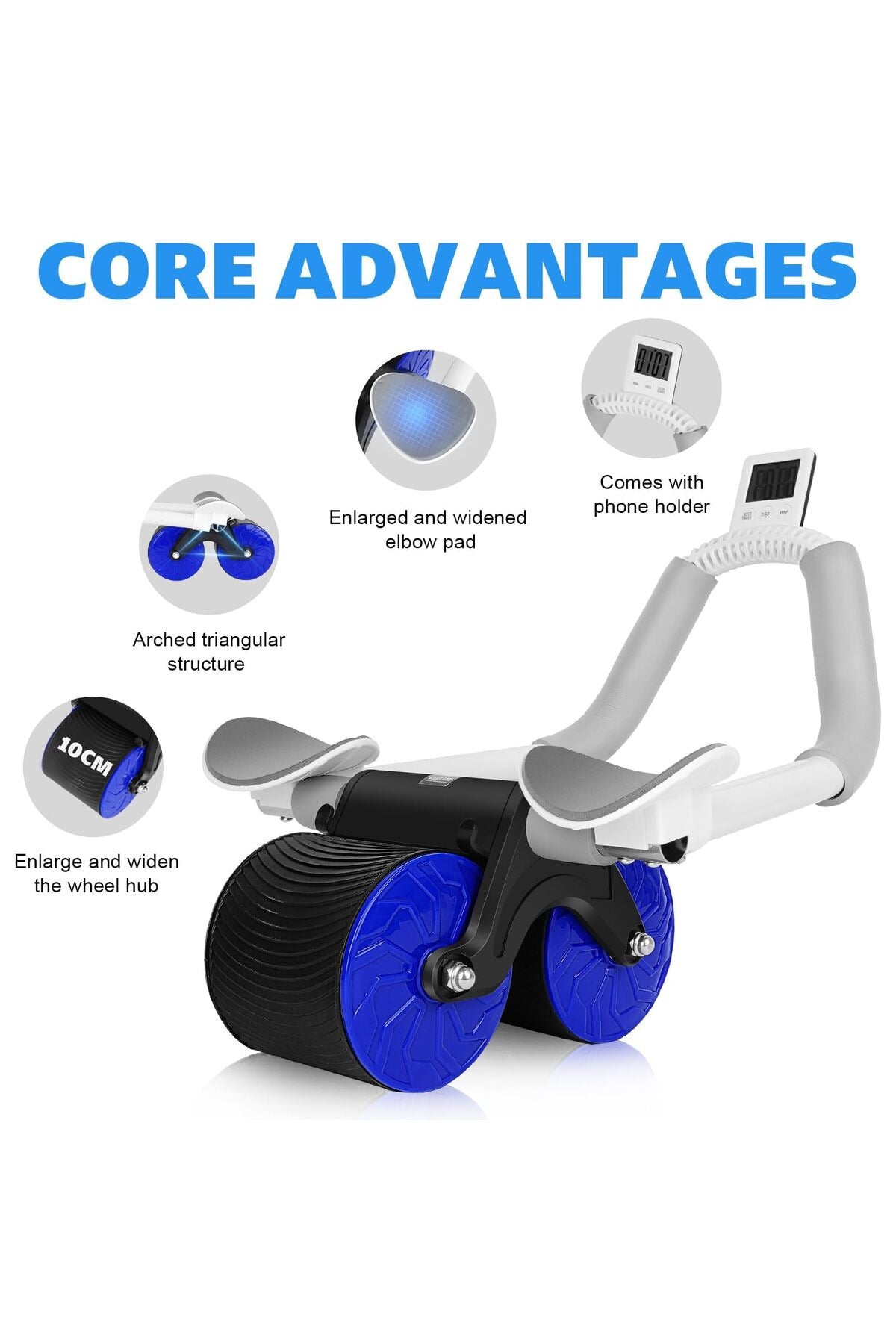 Abdominal Wheel, Automatic Rebound Fitness Roller Exercise Wheel with Knee Pad and Timer DX1784