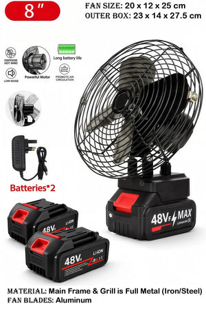 8-inch Rechargeable Desk Top Fan With 2x 48V Lithium Batteries & Power Full Motor for Strong Wind