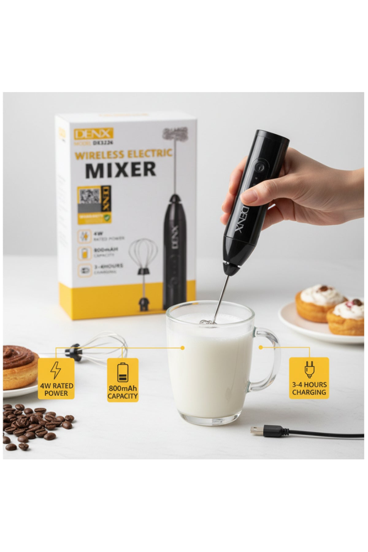 DENX 4W Wireless Electric Mixer Egg Beater & Milk Frother USB Rechargeable Hand Mixer DX3226
