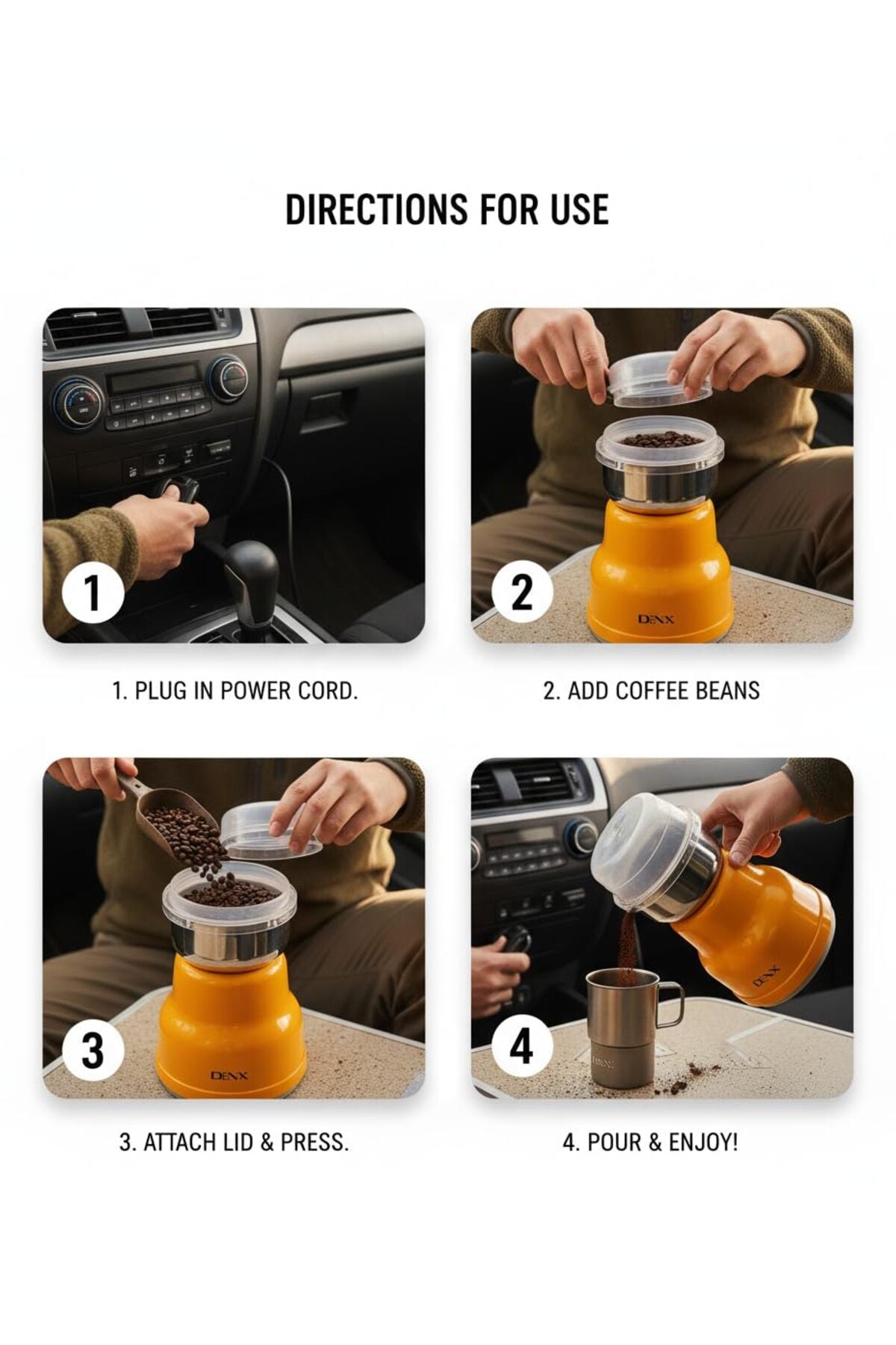 DENX 12V Portable Vehicle Use Electric Coffee & Spice Grinder – 120W, 80g Stainless Steel DX4201