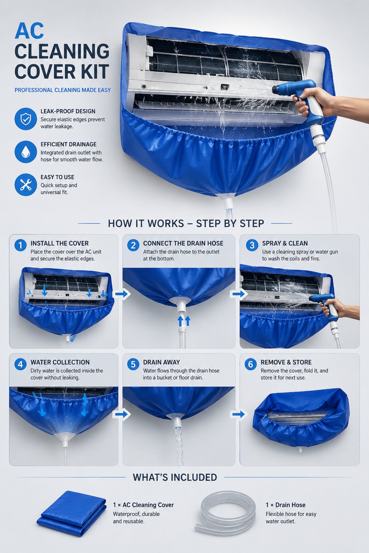 2-in-1 Split AC Cleaning Cover with Drain Hose and Adjustable Air Deflector