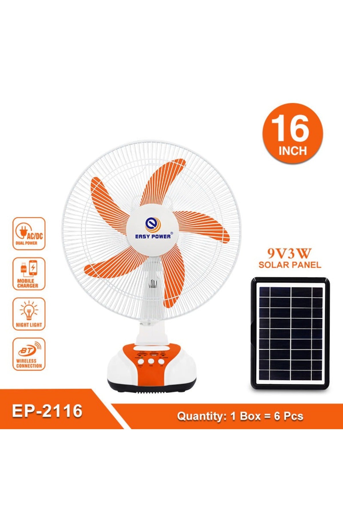 EASY POWER 16-Inch AC/DC Solar Fan with Solar Panel & 2 LED Bulbs, Rechargeable Table Fan, EP-2116A