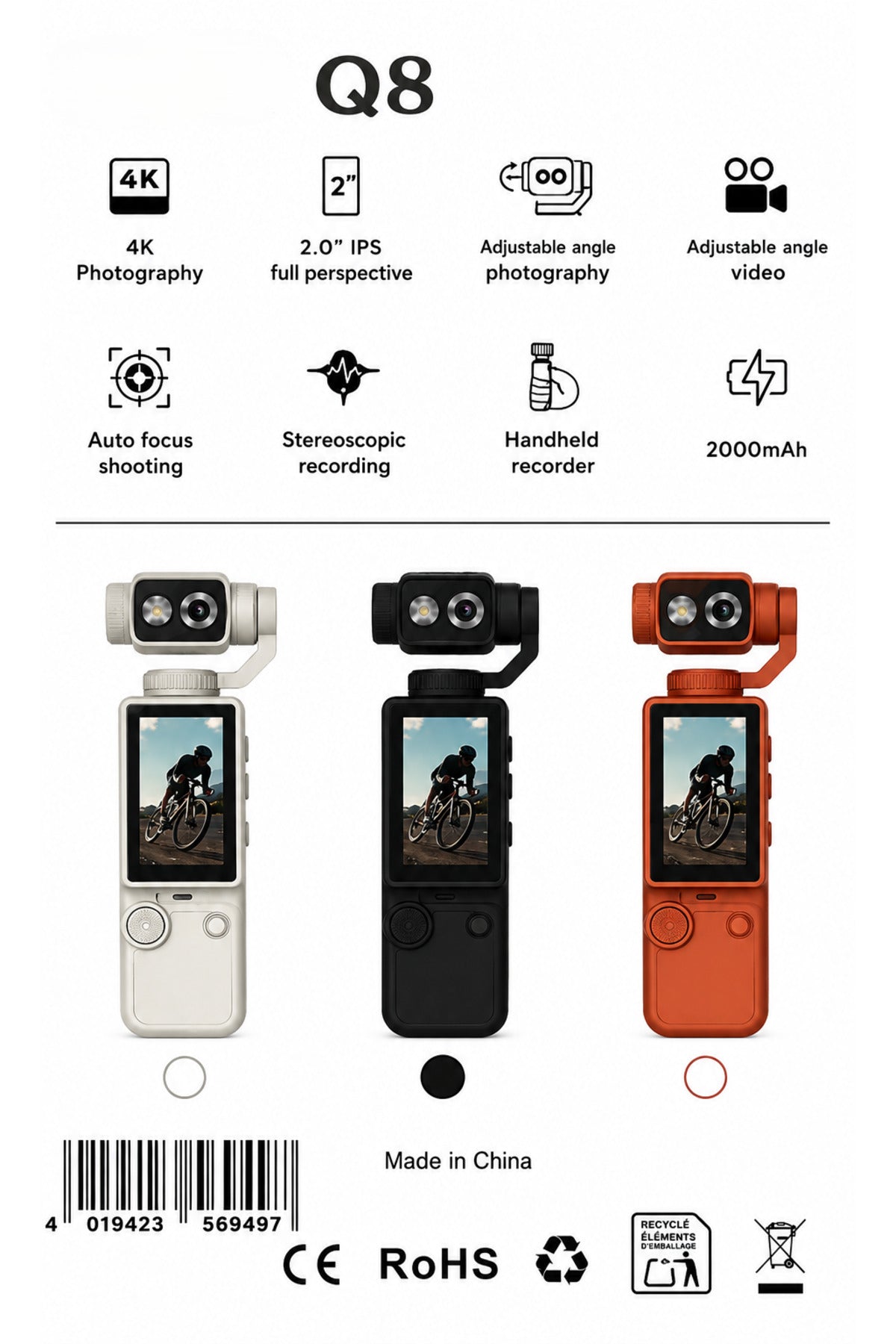 Q8 4K Handheld Vlogging Camera with 180° Rotating Dual Lens, WiFi and 32GB Card