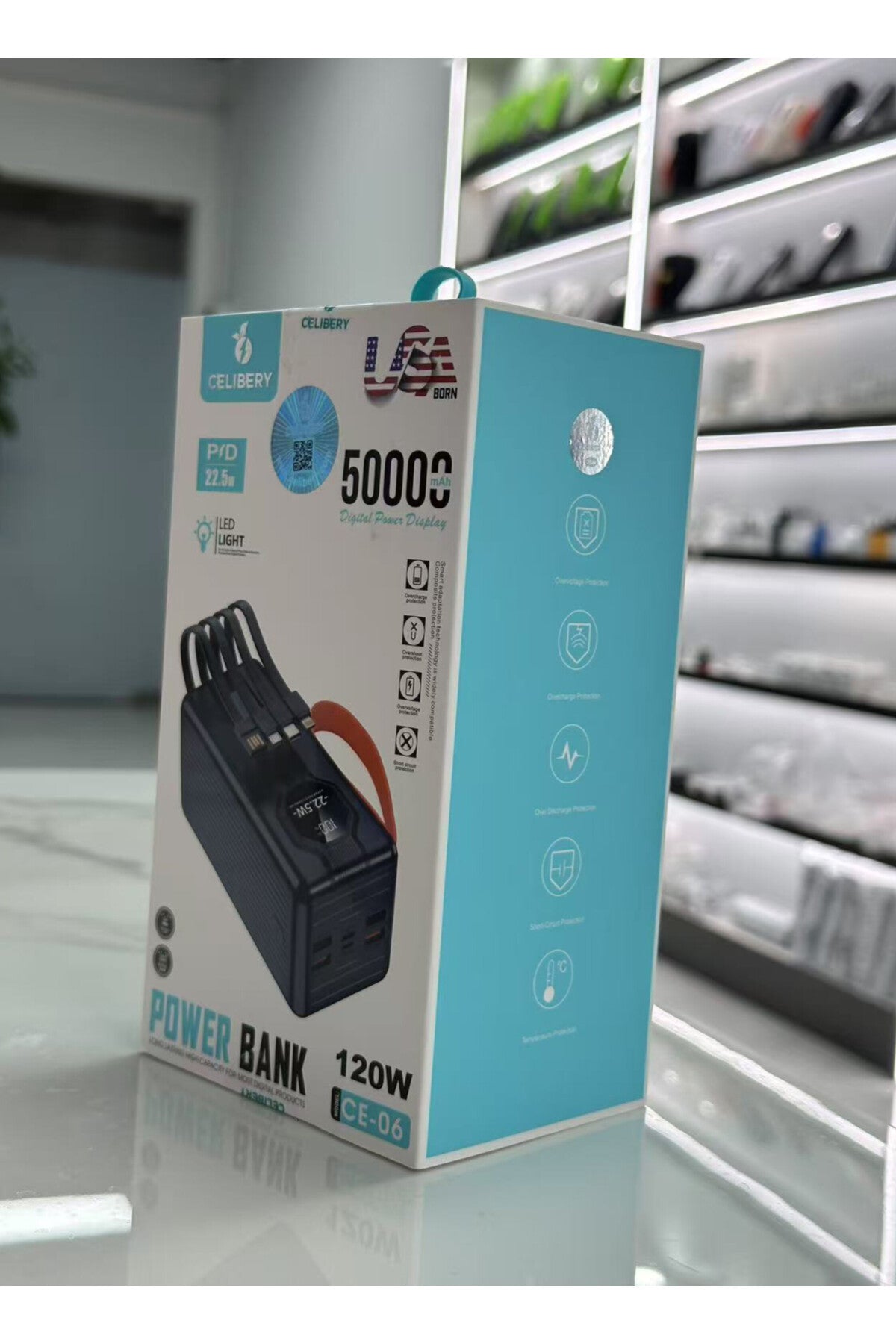 CE-06 50000 mAh Dual-Ports Power Bank 22.5 W PD Fast Charging – 120 W Output, Built-in Cables, Bla