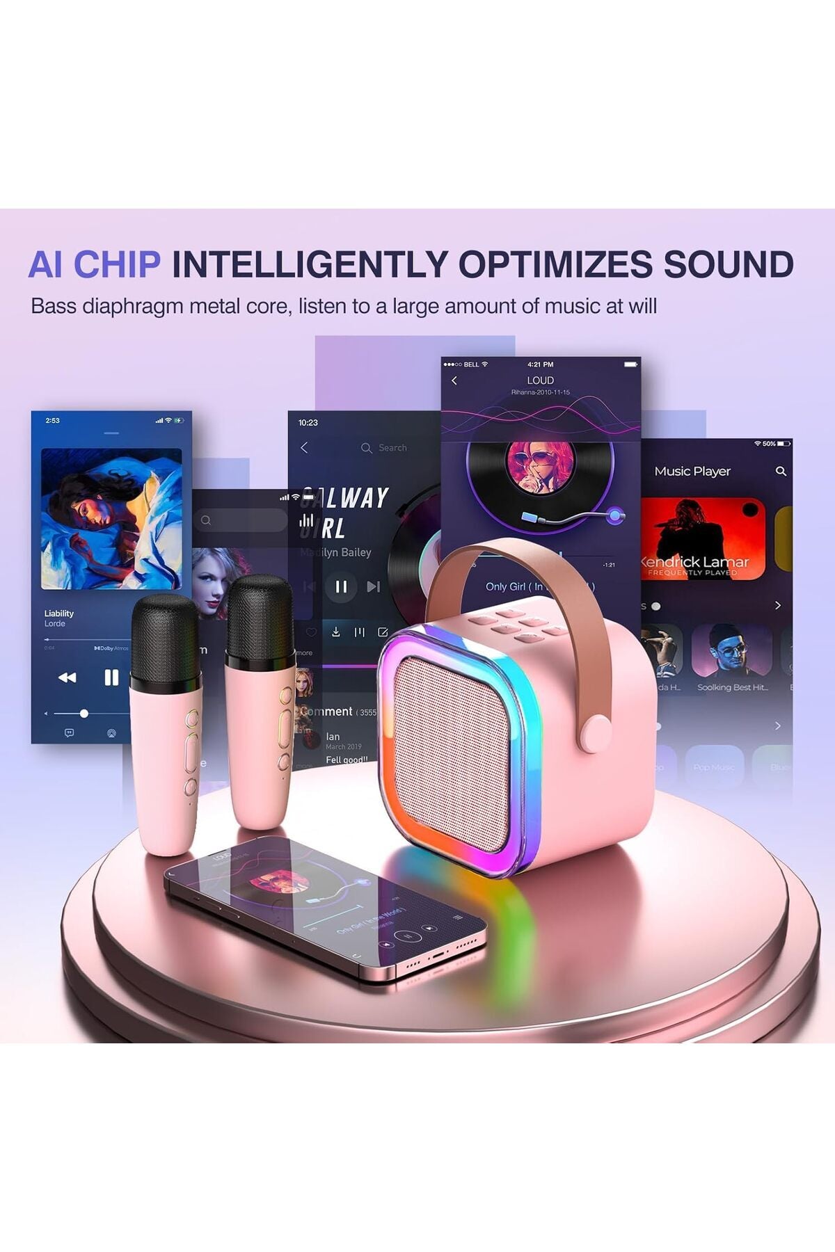 2 Mic K12 Karaoke Machine Portable Bluetooth 5.3 PA Speaker System with 1-2 Wireless, White/Pink
