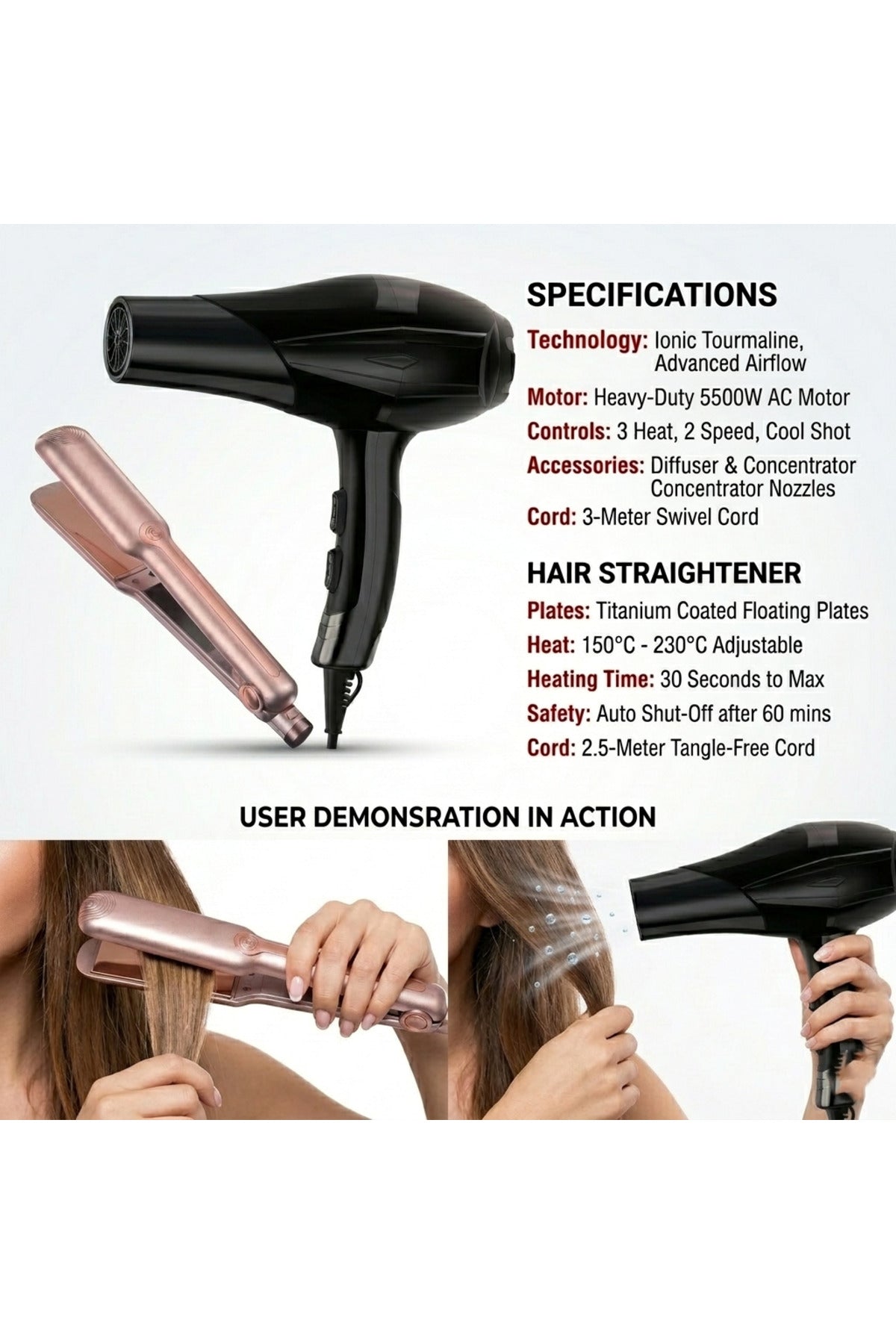Geimiy Max 2-in-1 Hair Styling Set High Power Hair Dryer with AC Motor & Ceramic Hair Straightener