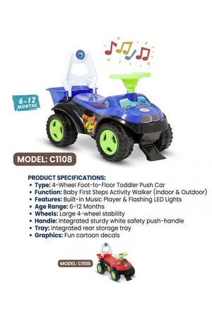 Kids Manual Ride-On Push Car with Music Toddler Walker & Foot-to-Floor Sliding Car C1108