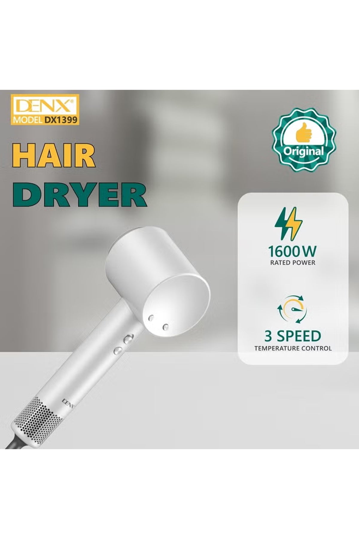 DENX 1600W Hair Dryer High-Speed Motor 3 Speeds & 3 Heat Levels Hot & Cold Air Function DX1399