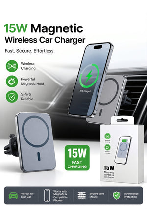 15W Magnetic Wireless Car Charger, Fast Charging Magsafe, Compatible Car Phone Holder, Air Vent Mount, Smartphone Wireless Ch