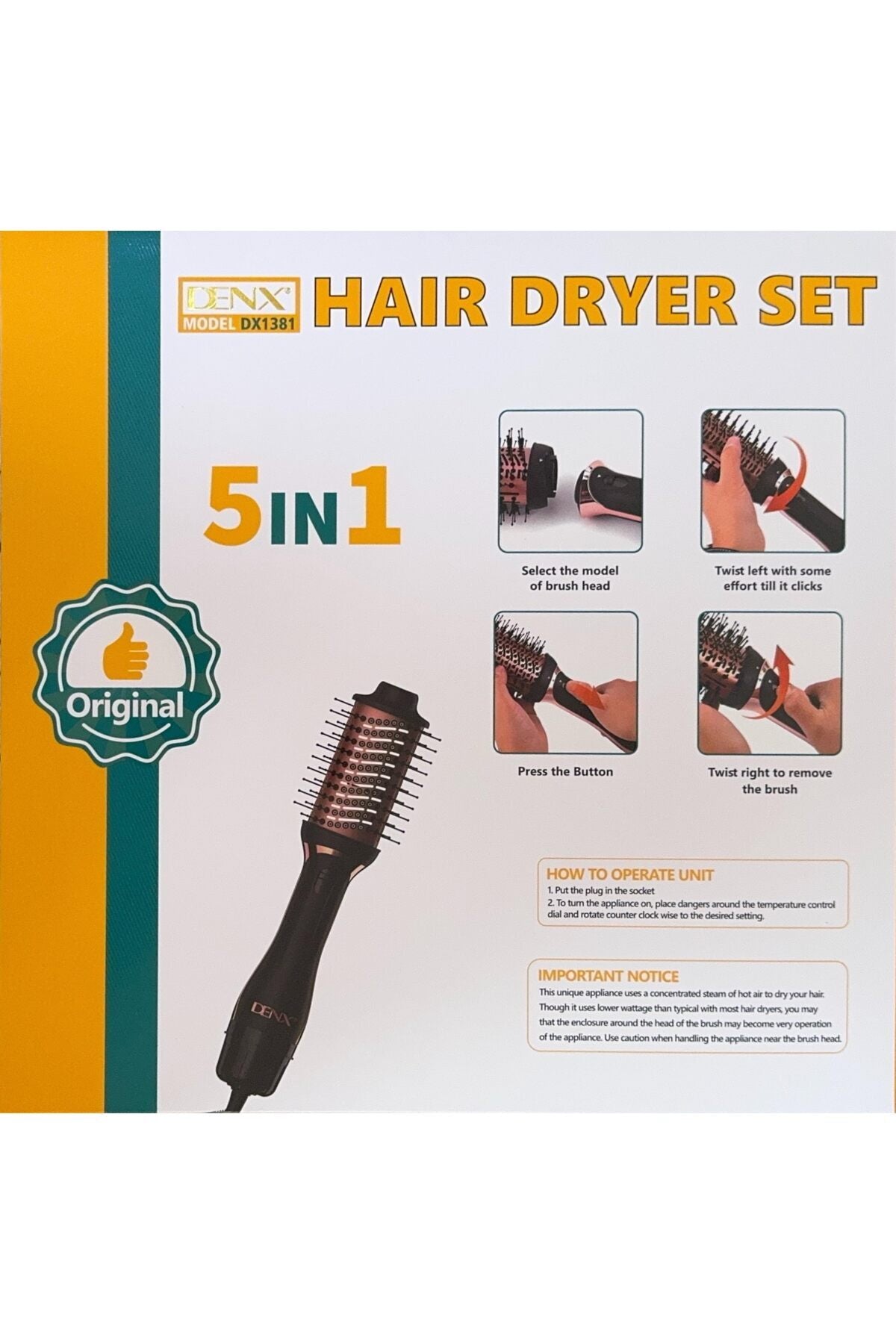 DENX 5-in-1 Hair Dryer Brush Set, Hot Air Styling Tool with Dryer, Curler, Straightener, DX1381