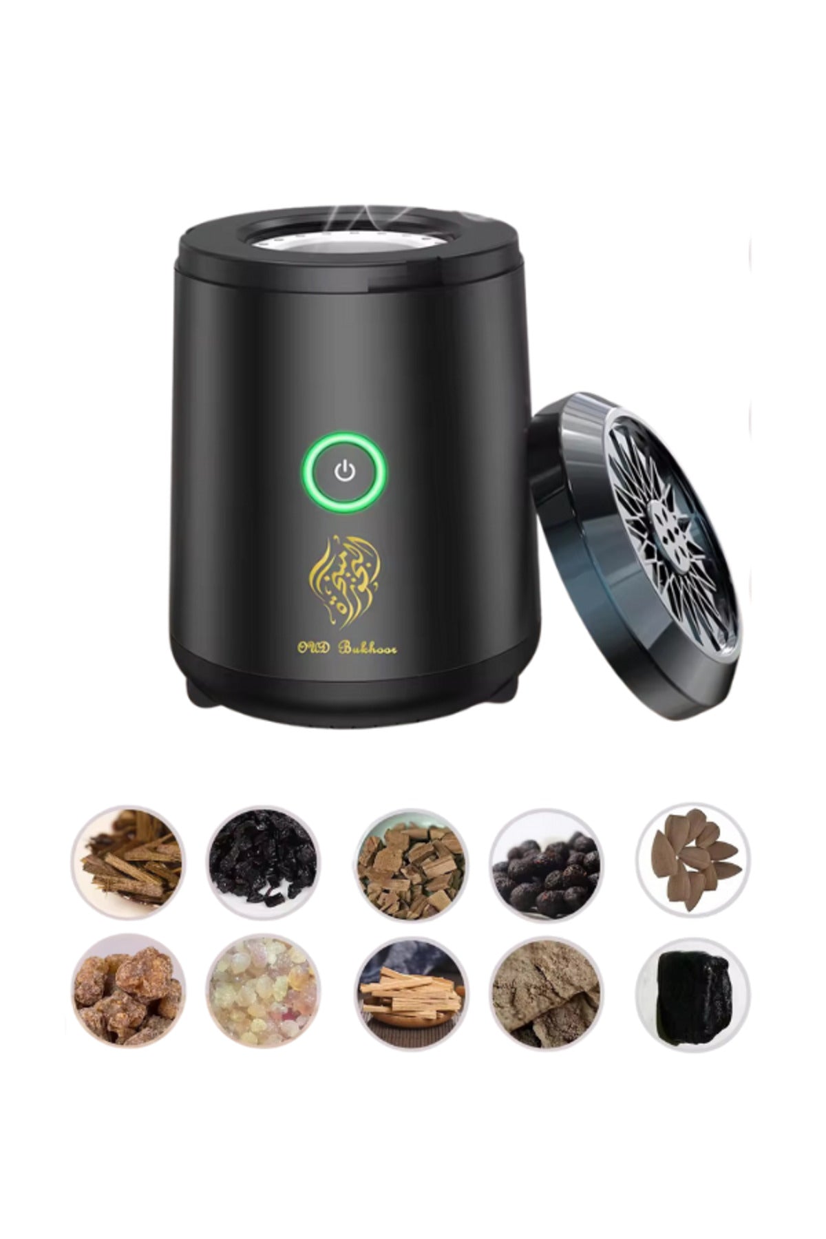 A small electronic incense burner with an Arabic design, suitable for home, office, and small cars. Rechargeable via USB port.