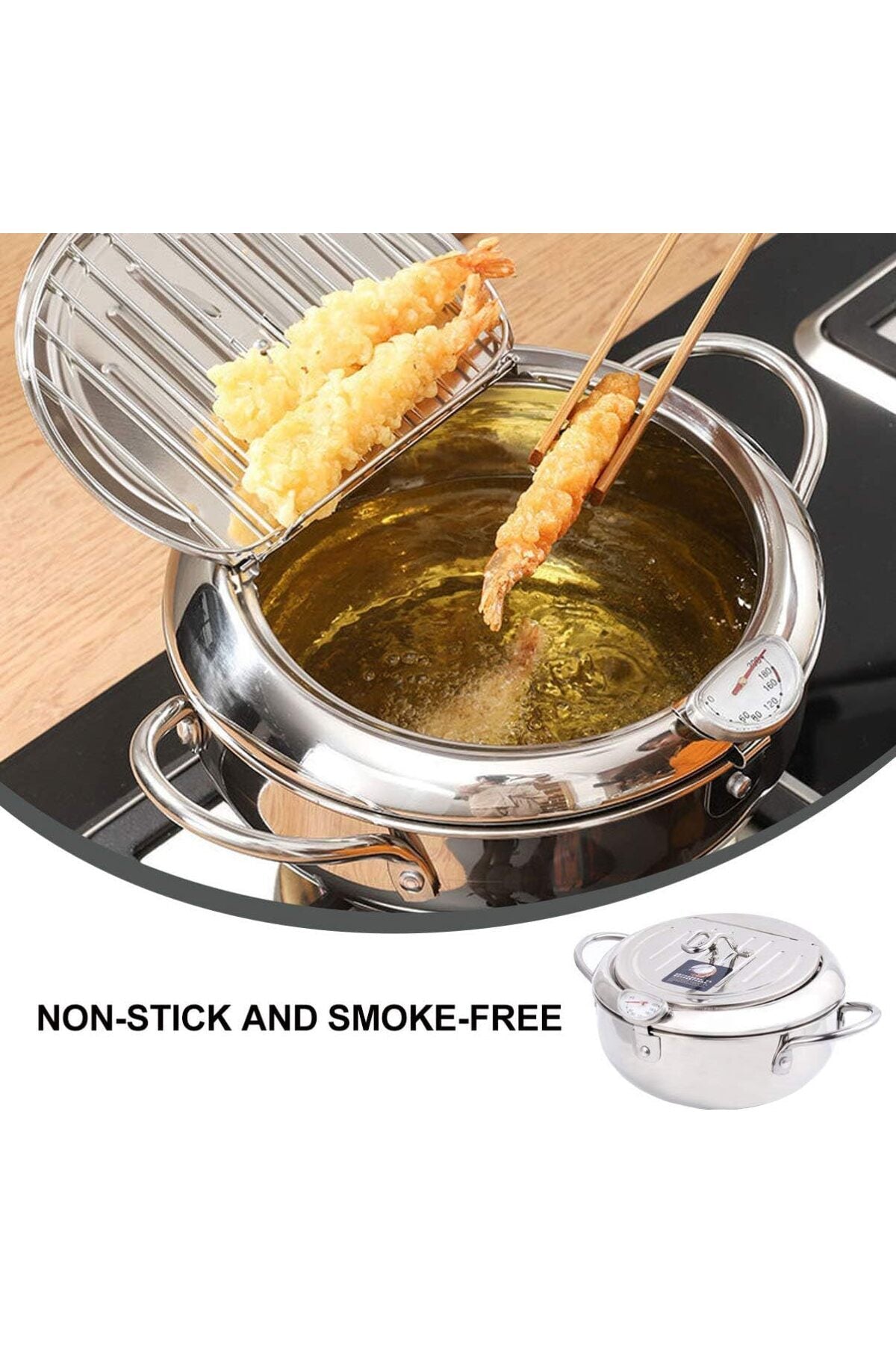 3.2L Stainless Steel Deep Fryer Pot with Thermometer, Grill Pot Oil Fryer with Lid for Cooking
