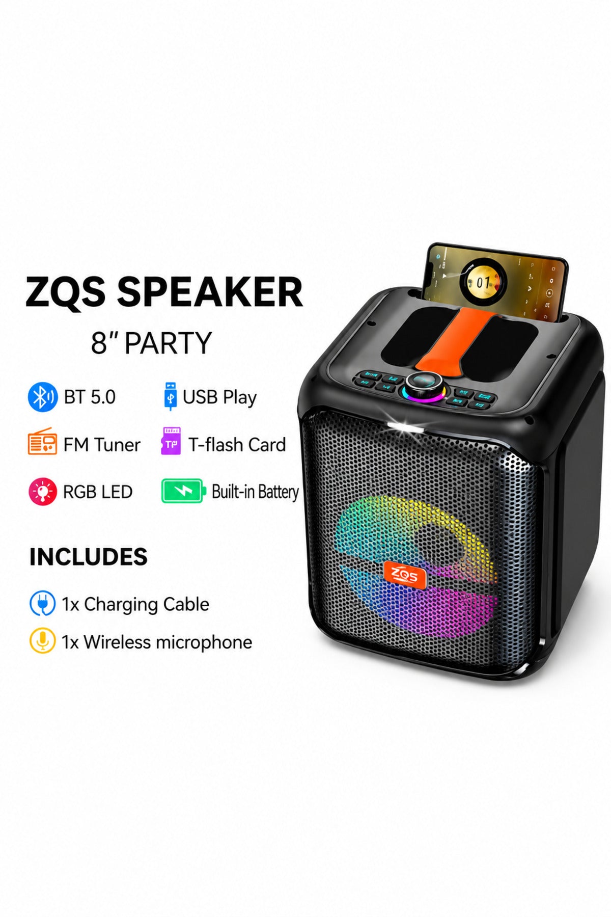 ZQS8181 8-Inch Portable Bluetooth Party Speaker with Wireless Microphone, 30W Sound and RGB Lights
