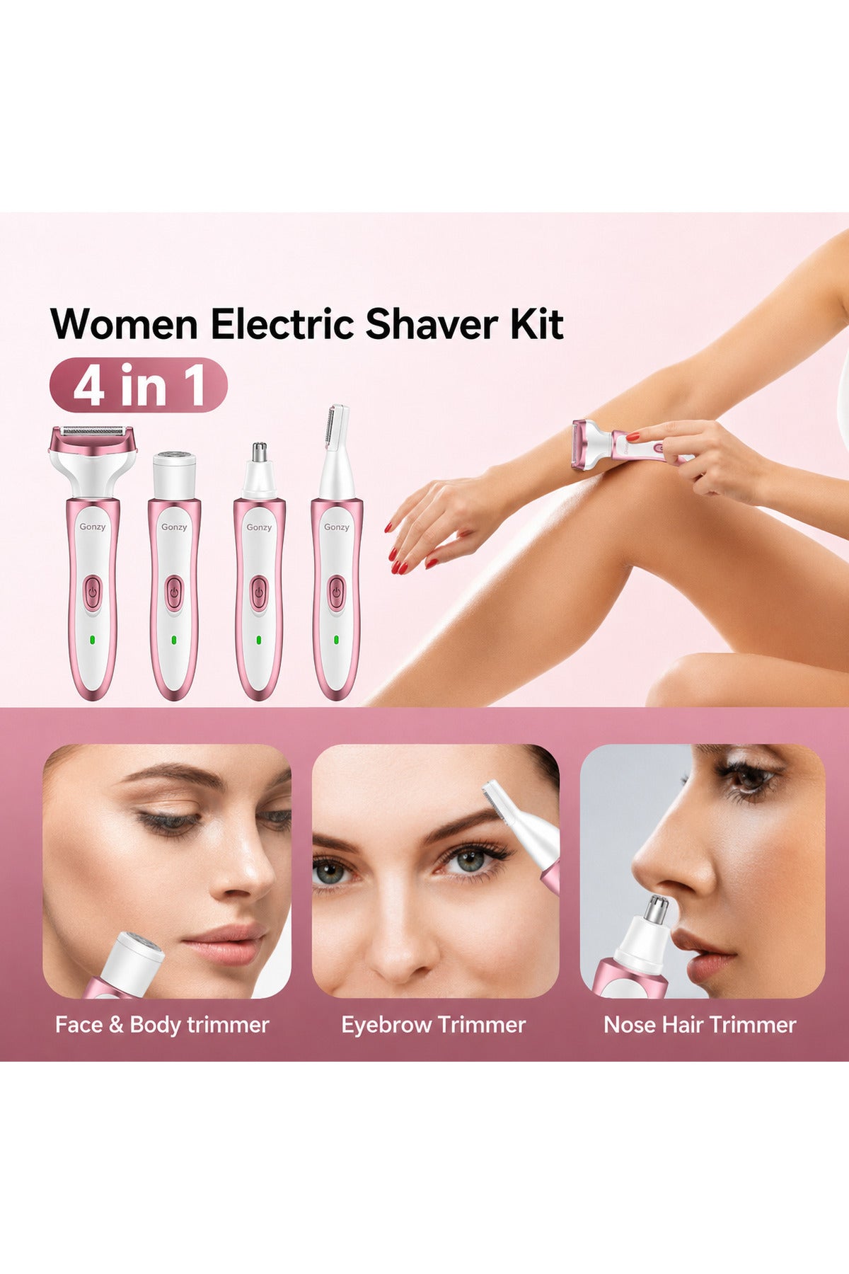 4-in-1 Women Electric Hair Removal Kit Cordless Face & Body Grooming Trimmer Set Bikini, Legs, Arms, Eyebrow & Nose Hair Remover MG-718