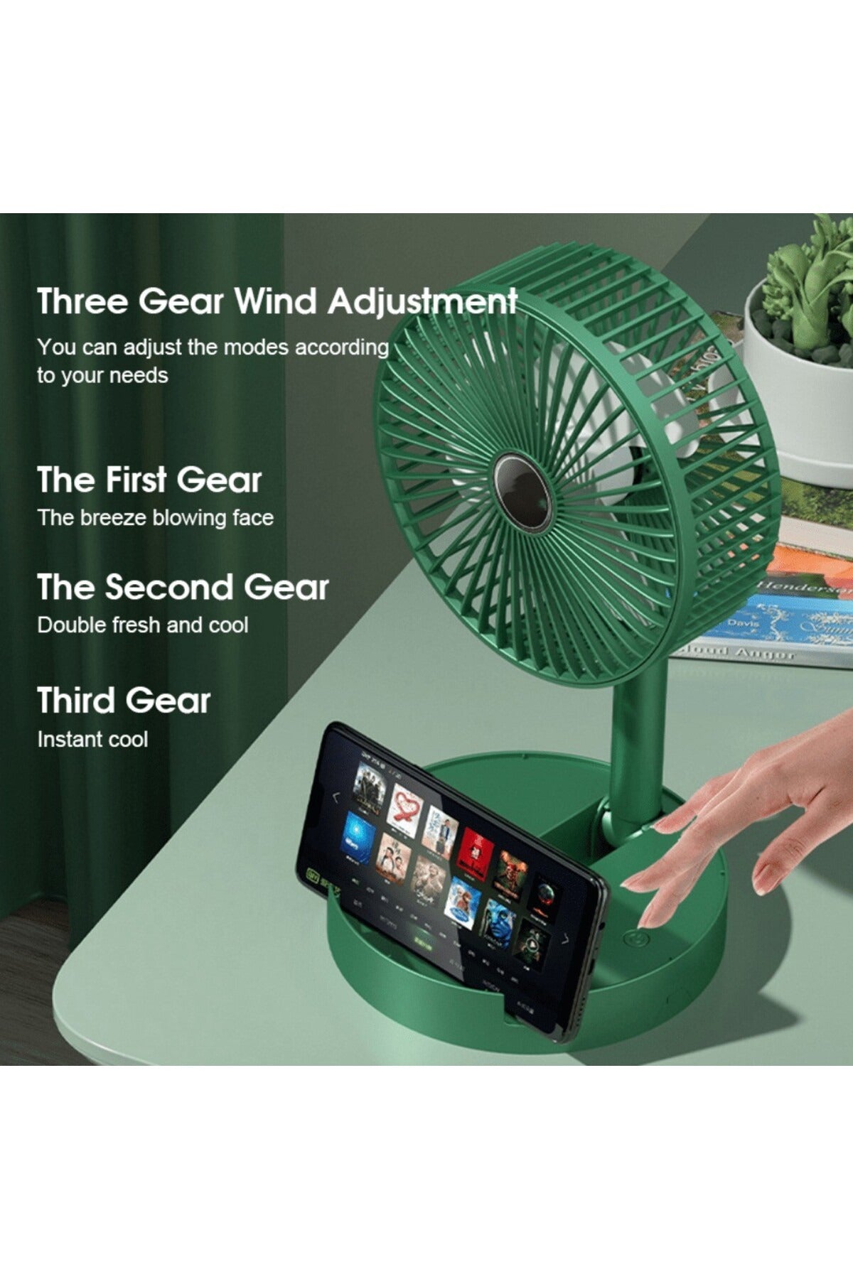 Telescopic Folding Desk Fan, Portable Rechargeable Table Fan, 3-Speed USB Pedestal Fan