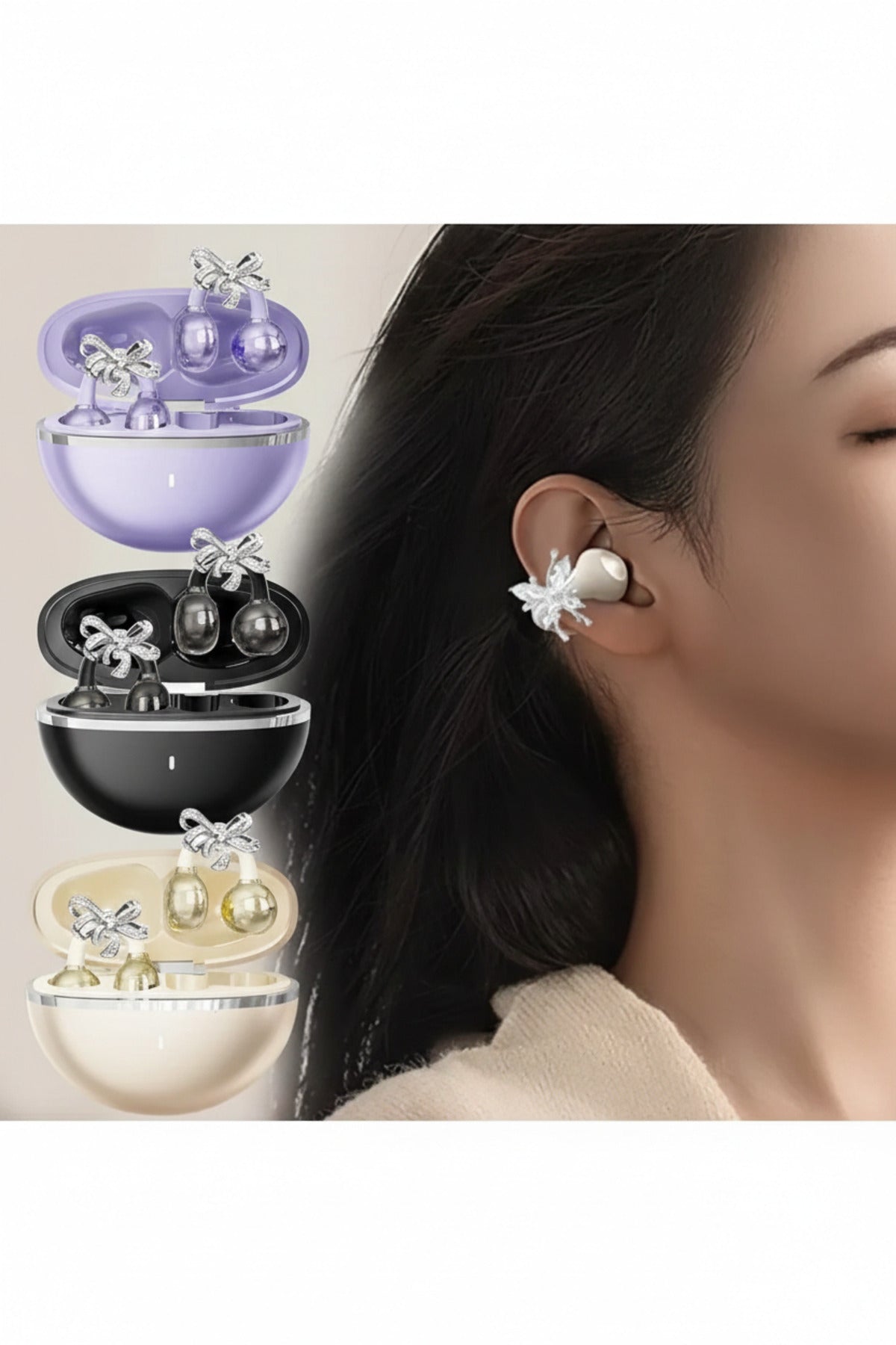 Jewelry Inspired Clip On Earbuds Wireless Headphones for Women, Sports & Workouts (Black)