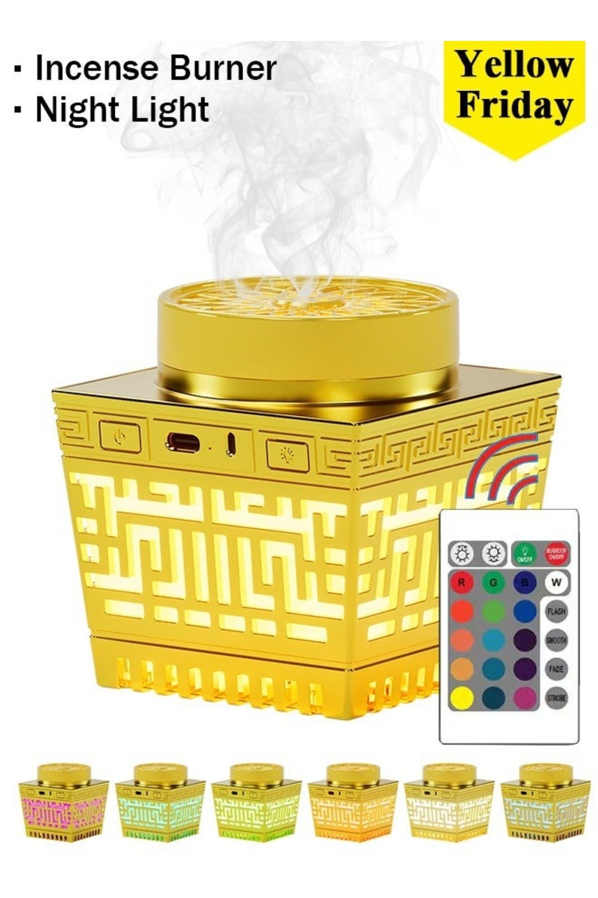 Golden Electric Incense Burner with Remote & 16-Colour Light
