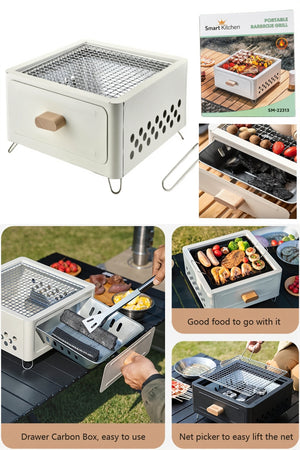 Smart Kitchen Square Barbecue Grill Charcoal Mini BBQ Camping Grill, Removable Charcoal Tub SM-23313