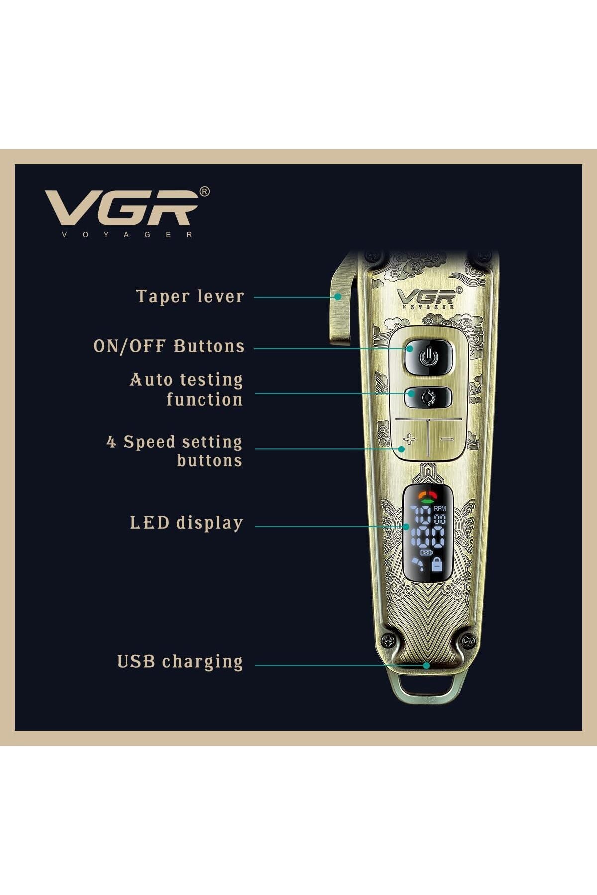 Hair clipper with premium metal body - LED display, high-quality blade, 4-speed motor