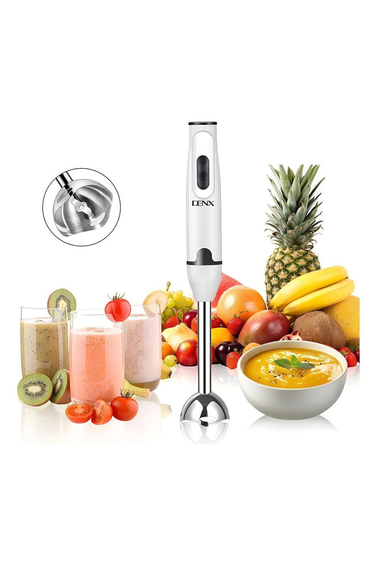 400W Hand Blender with Stainless Steel Blades, 2-Speed Stick Mixer (White) DX2023