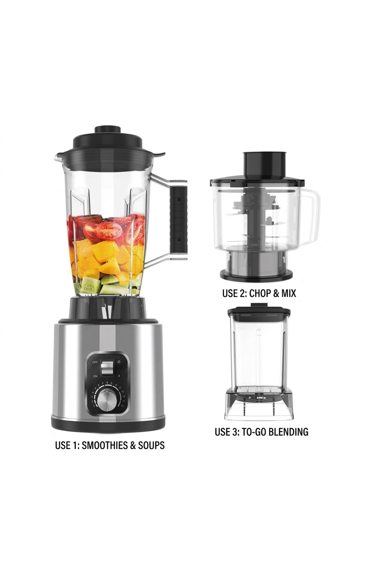 DENX 3-in-1 2000W Multifunctional Food Blender 3L, Multi Speed Blender, Grinder & Chopper, DX3233