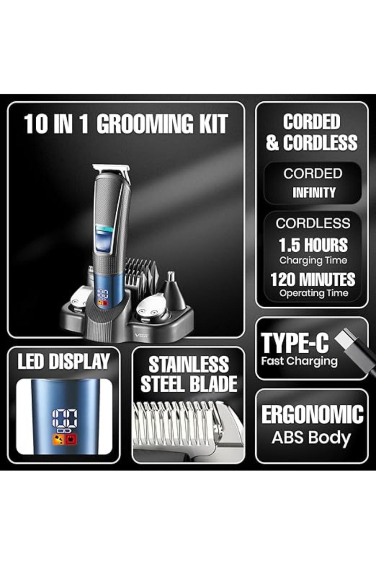 V-108 Professional 10 in 1 Grooming Kit with LED Display, All in one Trimmer for Men