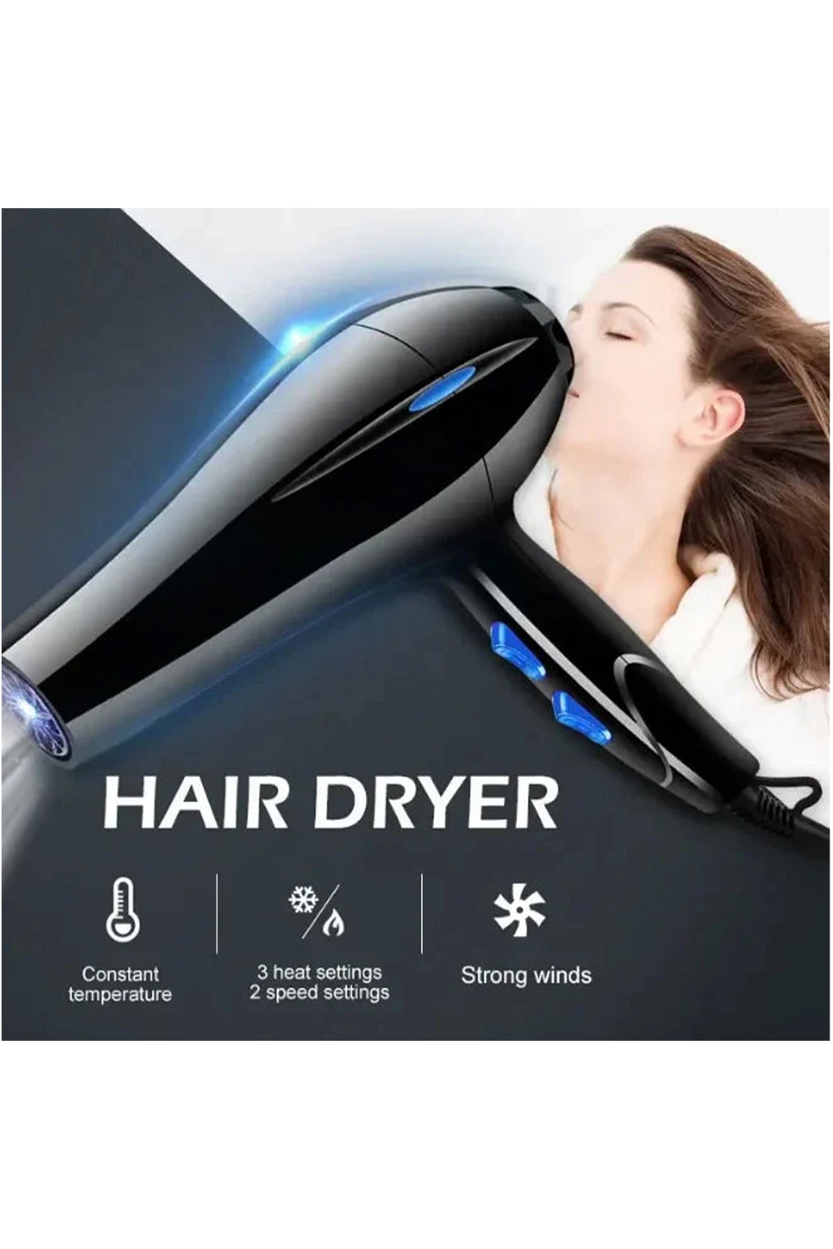 1200W Professional Hair Dryer High Power Multiple Settings Fast Drying Ionic Blow Dryer