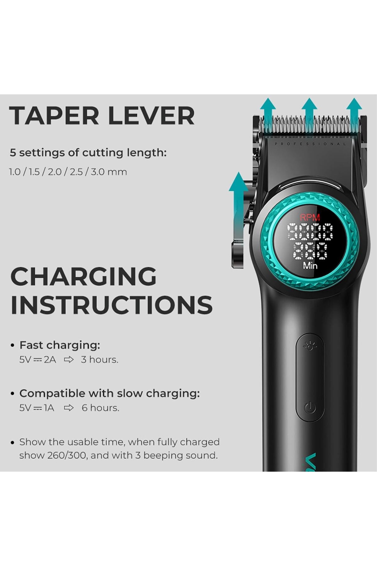 V-001 Professional Cordless Hair Clippers, Carbon Steel Blade, 9000rpm, LED