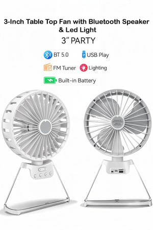 Rechargeable Table Top Fan with Bluetooth Speaker & Led Light, Wireless Mini Fan Speaker