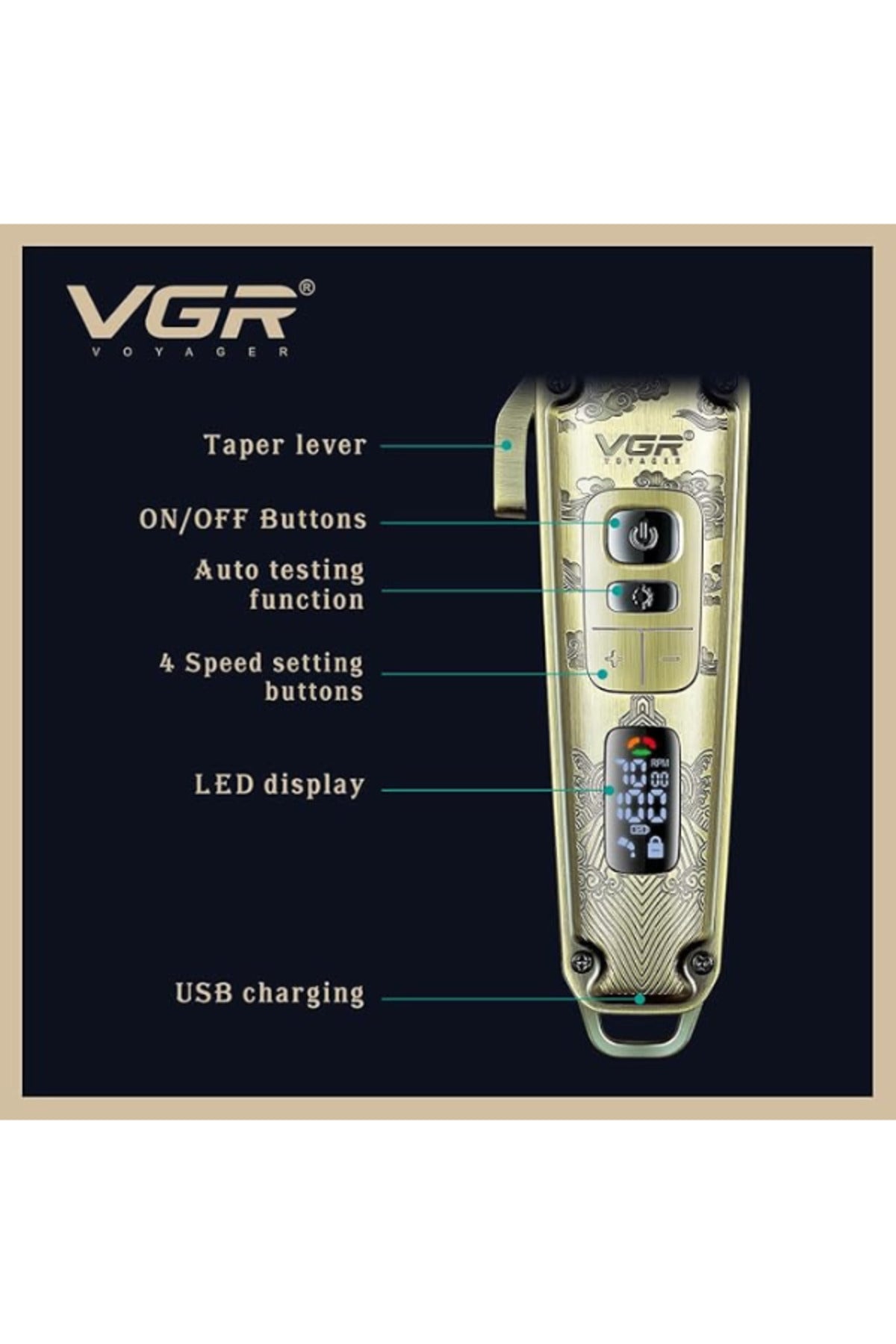 V-005 Premium Metal Housing Hair Clipper LED Display, powder metallurgic Blade 5500-7000 RPM 4 Speed