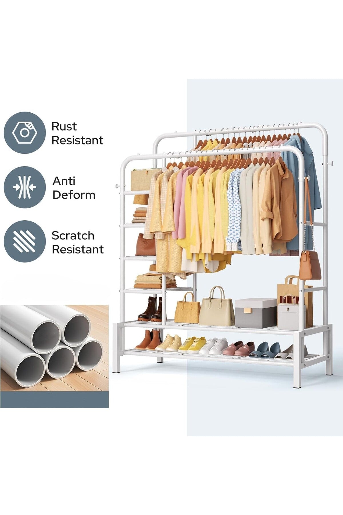 EXTRA Home Clothe Rack Double Rail Garment Rack Shoe Storage Metal Clothing Organizer Stand EX-85742