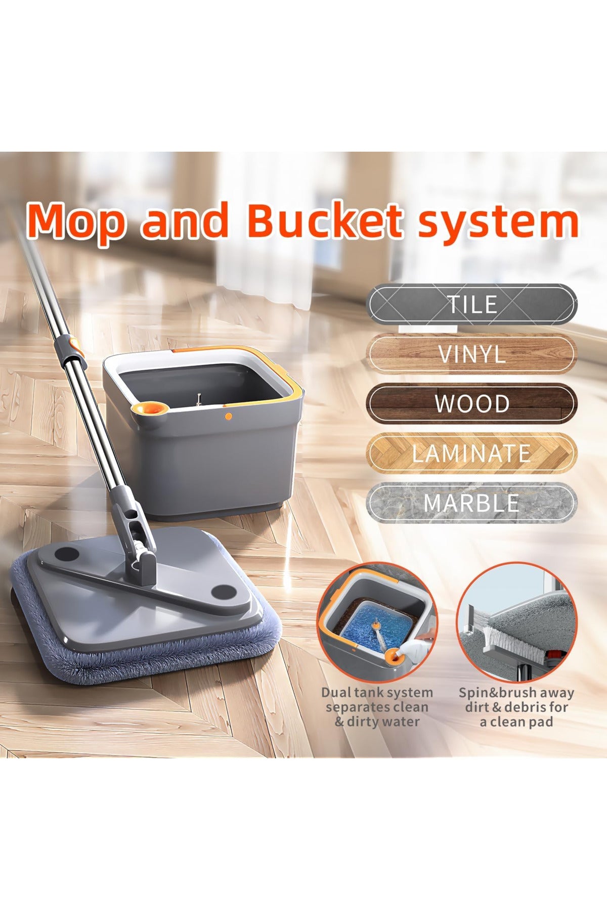 Square Spin Mop and Bucket Set, Separate Square Bucket Mop Microfiber Floor Cleaning System DX2039