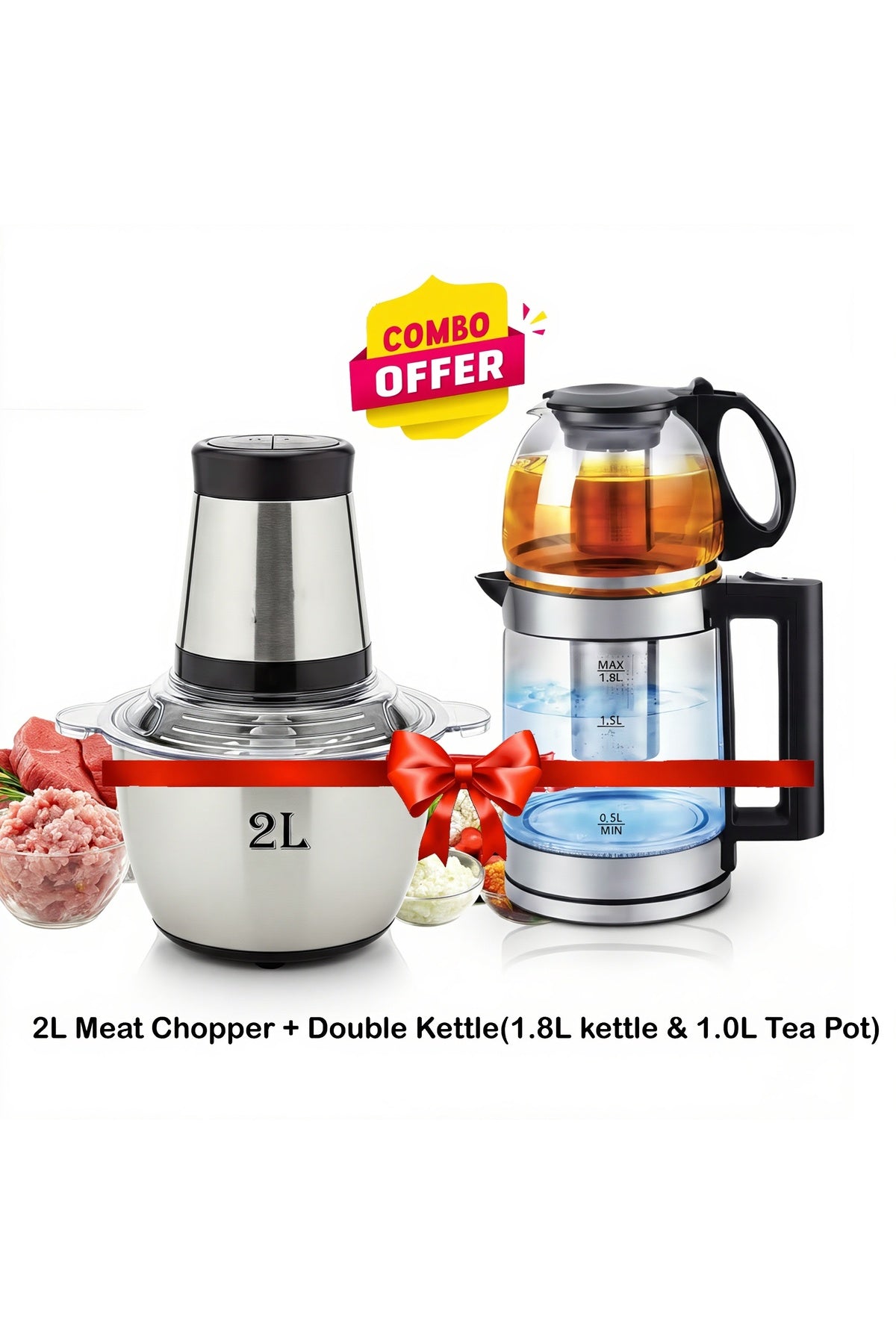 2 Combo Set 2L Meat Chopper Grinder + 1500W Double Pot Electric Kettle (1.8L kettle & 1.0L Tea Pot)