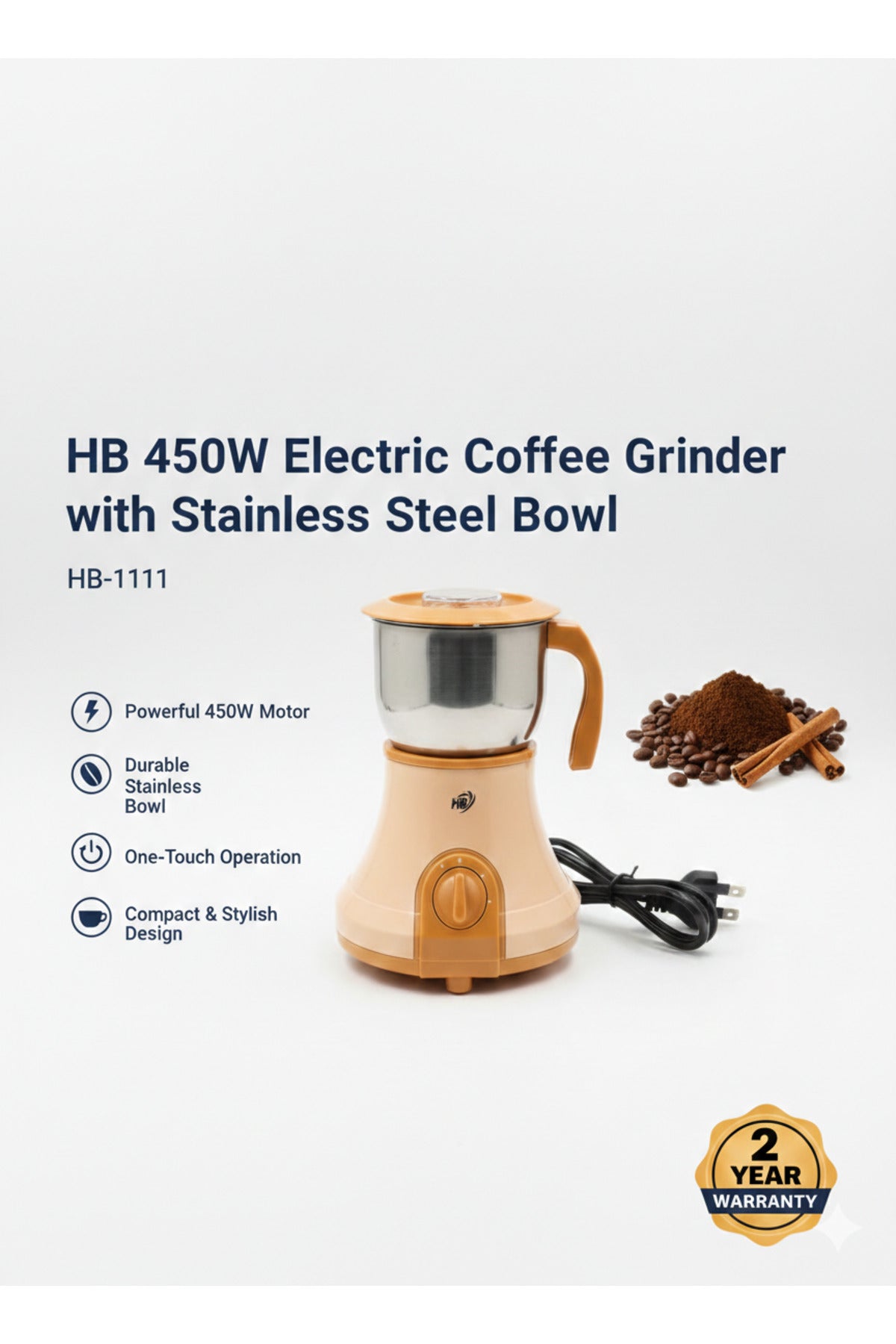 HB 450W Electric Coffee Grinder – Stainless Steel Bowl, Spice, Nut & Grain Mill HB-1111