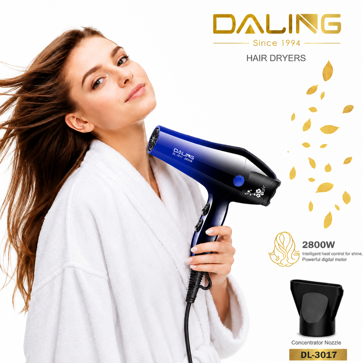 DALING Professional Hair Dryer, 2800W Fast Drying Hair Dryer with 3 Heat Settings, 2 Speed Modes, Lightweight Salon Blow Dryer DL-3020 (Blue)