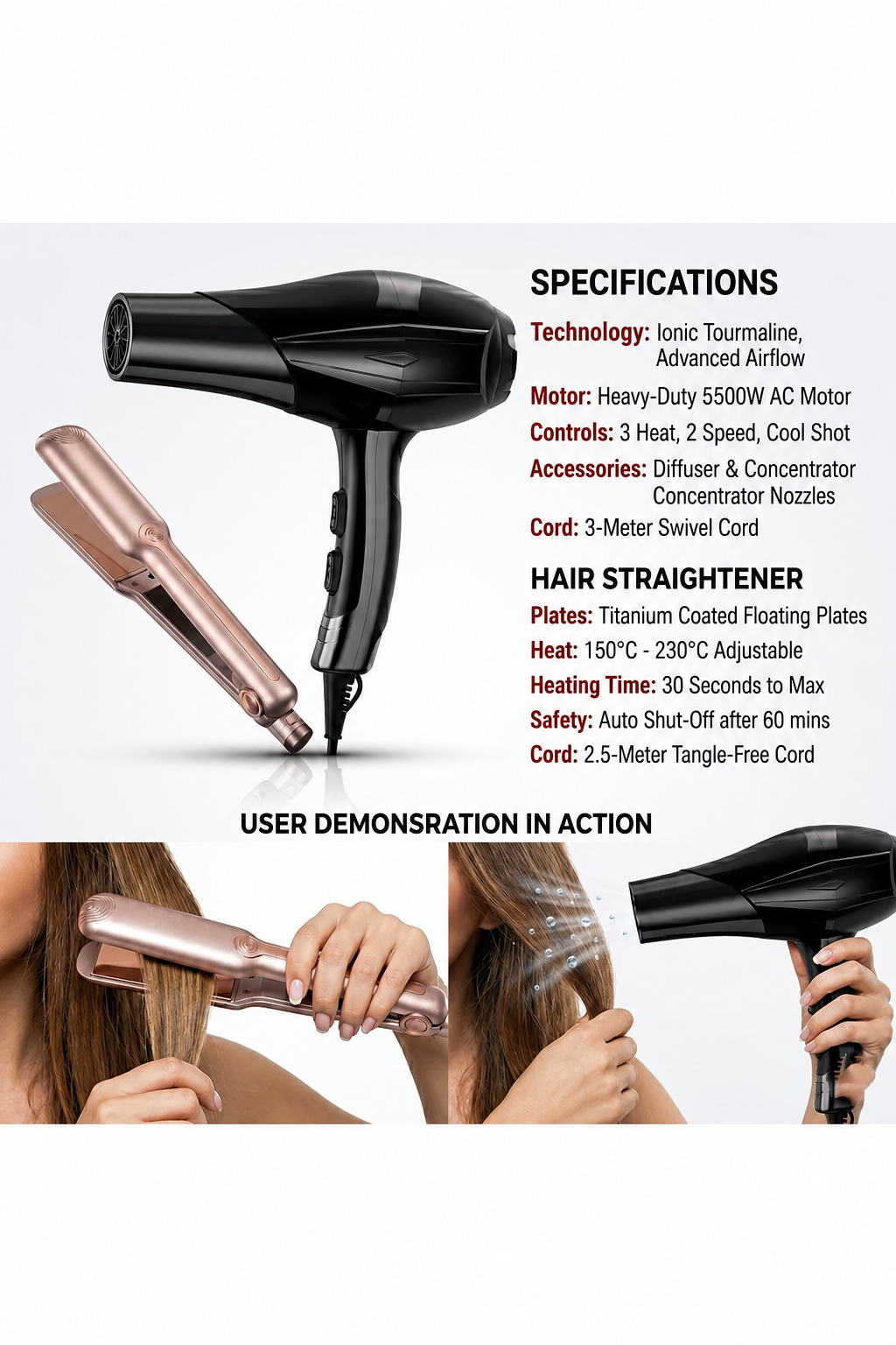 Geimiy Max 2-in-1 Hair Styling Set High Power Hair Dryer with AC Motor & Ceramic Hair Straightener