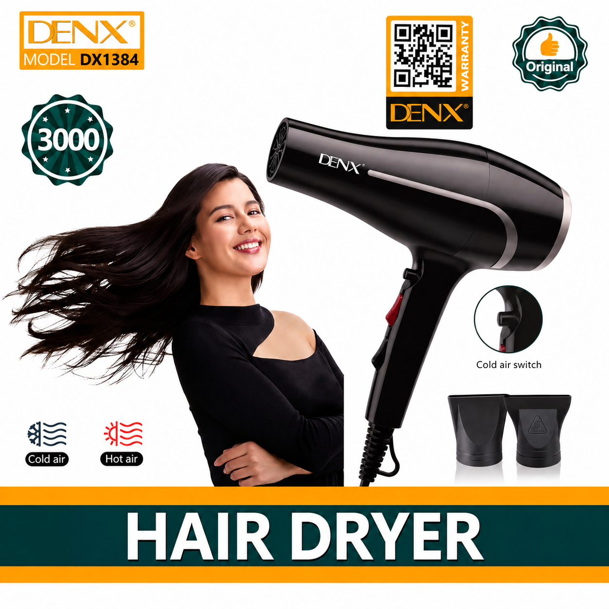 DENX Professional Hair Dryer 3000W Fast Drying Blow Dryer with Hot & Cold Settings, DX1384