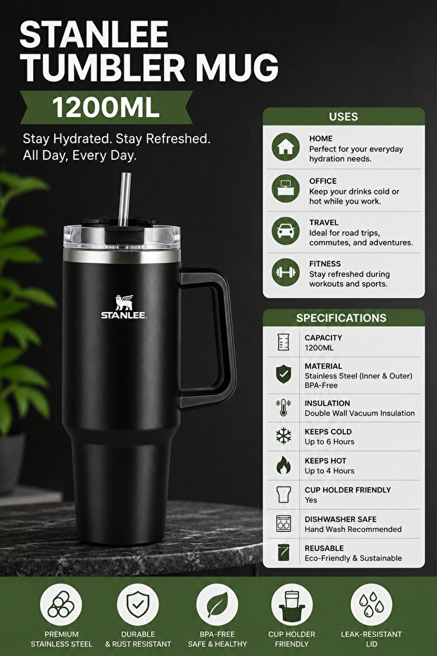 STANLEE 1200ML Vacuum Flask Tumbler Stainless Steel Travel Mug with Handle & Straw, Black