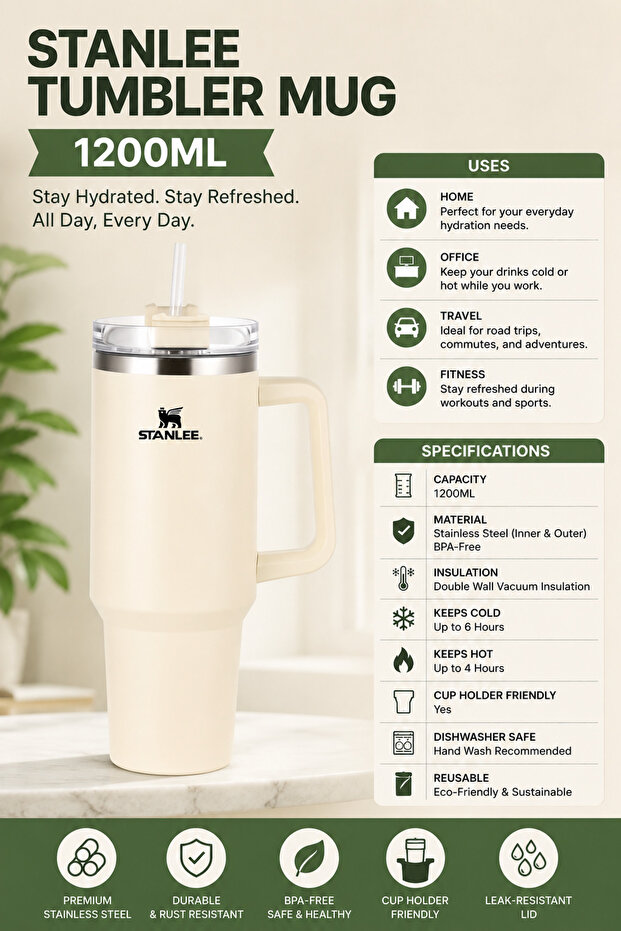 STANLEE 1200ML Vacuum Flask Tumbler Stainless Steel Travel Mug with Handle & Straw, Cream/Off-White