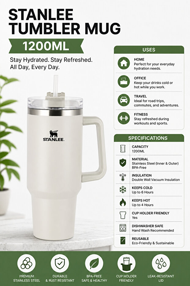 STANLEE 1200ML Vacuum Flask Tumbler Stainless Steel Travel Mug with Handle & Straw, White