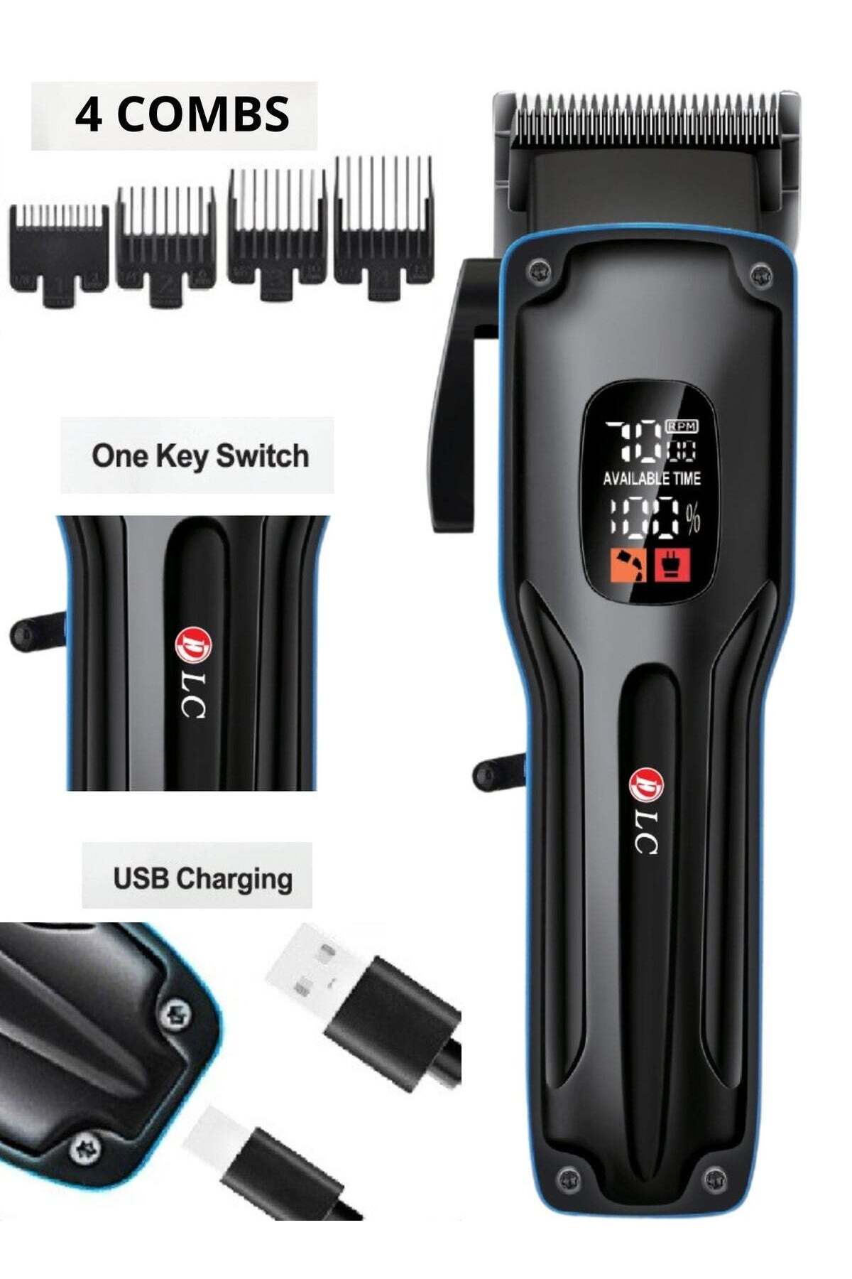 Wireless Men's Hair Clipper with LED Display, 2000mAh, 4-in-1 USB Charging