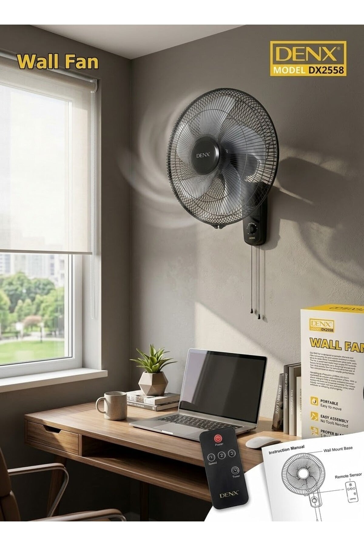 16 Inch Wall Fan with 3 Speed Controls 5 Leaf Blades 2 Pull Cord Adjustable Tilt Angle DX2558