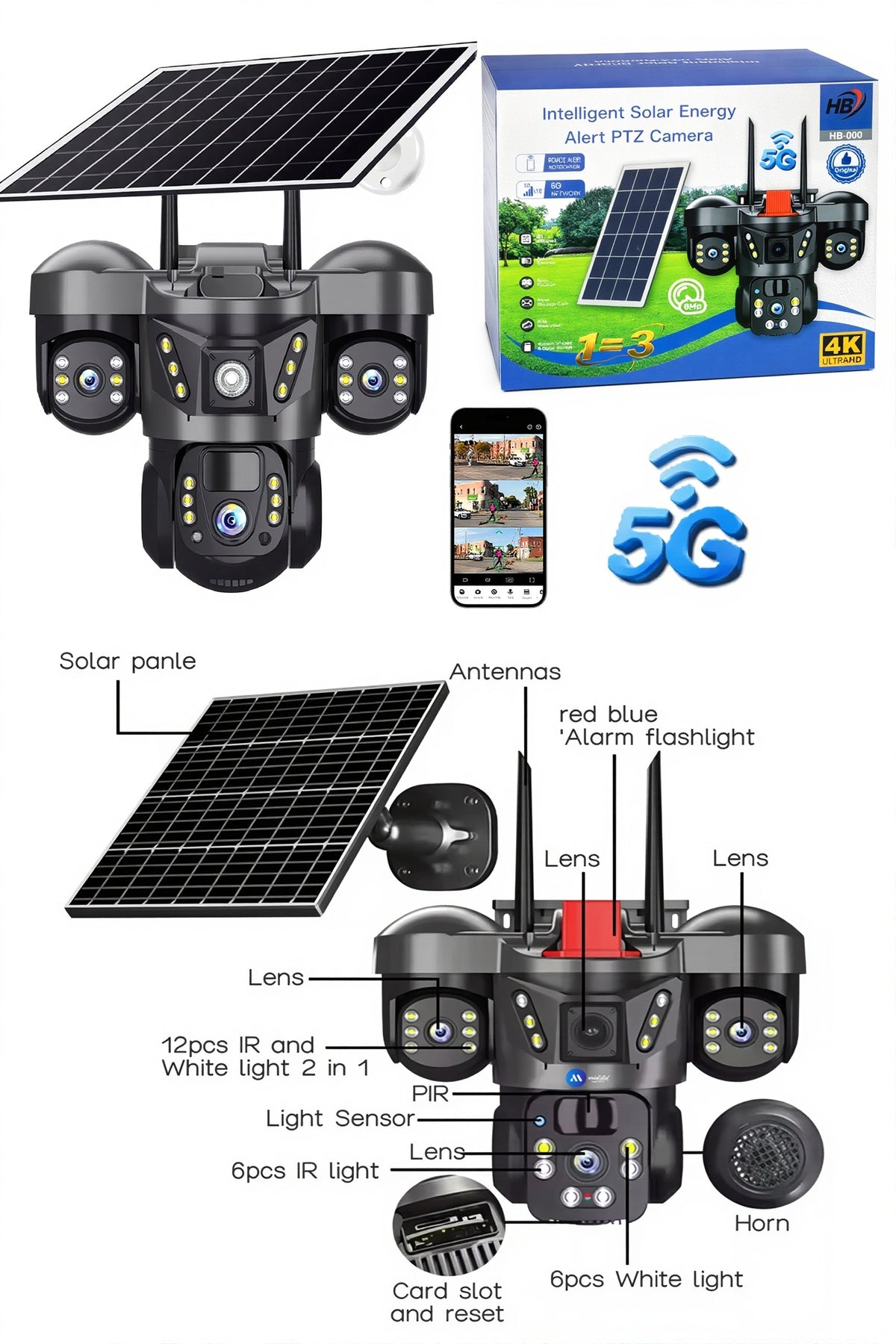 Hb 5g Solar Camera Three Lens Outdoor Wireless Solar Panel Security Camera Sim Card Solar Camera Hb-006