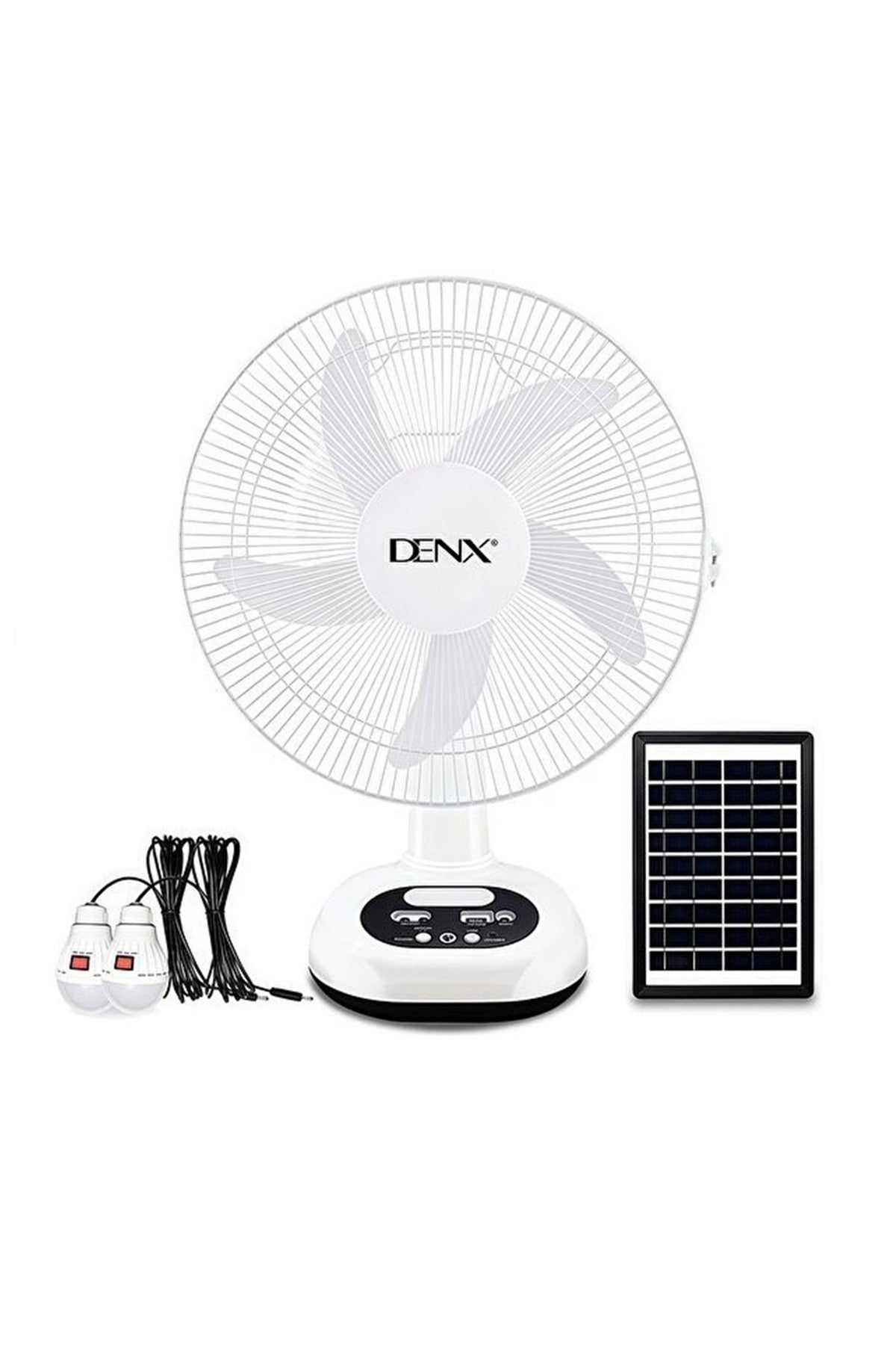 DENX 12-Inch Rechargeable Solar Table Fan With Solar Panel & 2 LED Bulbs, Portable Desk Fan, DX2613