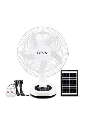DENX 12-Inch Rechargeable Solar Table Fan With Solar Panel & 2 LED Bulbs, Portable Desk Fan, DX2613