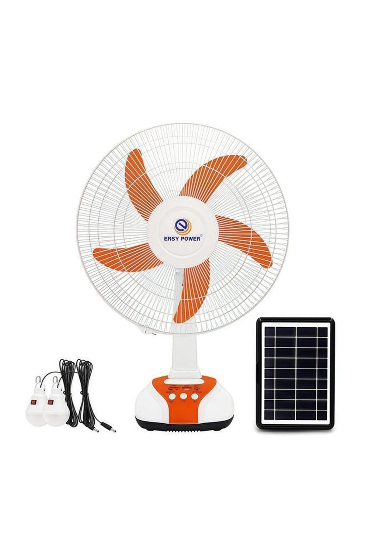 EASY POWER 16-Inch AC/DC Solar Fan with Solar Panel & 2 LED Bulbs, Rechargeable Table Fan, EP-2116A
