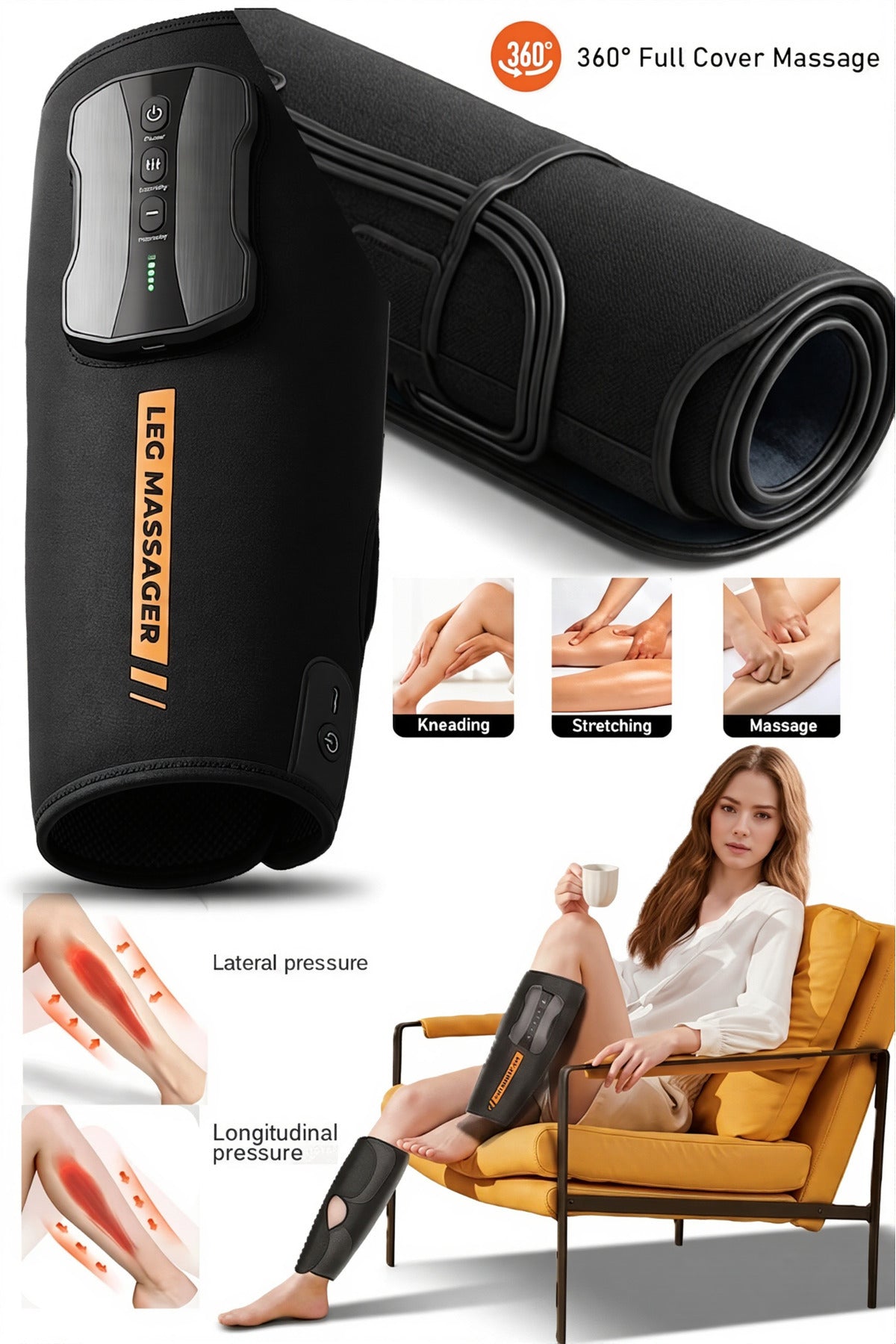 Calf Airbag Massager Portable Leg Massage Wrap, 3000mAh Rechargeable, 3 Modes & Adjustable Intensity